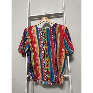 VTG Sz M Chaus Womens Short Sleeve Scoop Neck Hawaiian Shoulder Pad Blouse